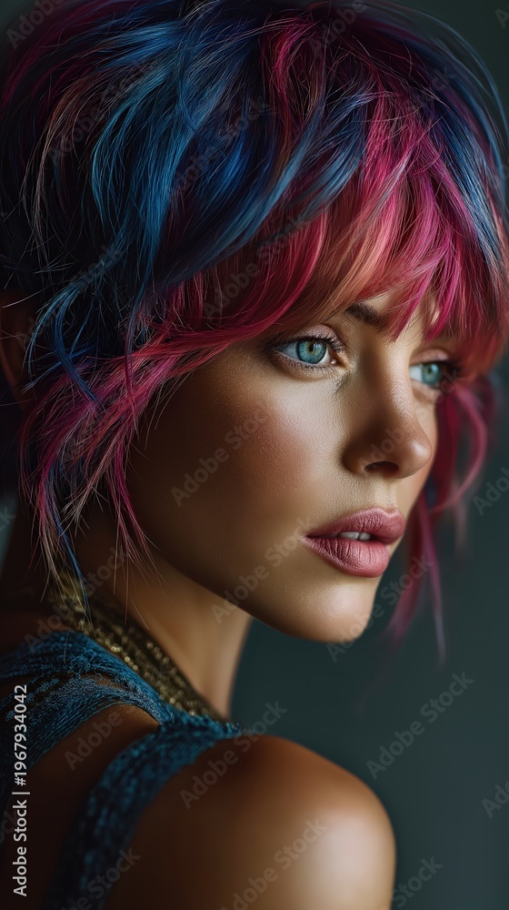 Fototapeta premium A close-up portrait of a woman with vibrant blue and pink hair, striking blue eyes, and smooth skin, looking thoughtfully to the side against a dark background.
