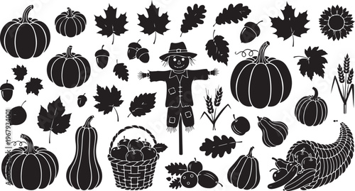 Black and white autumn harvest icons with scarecrow and pumpkins