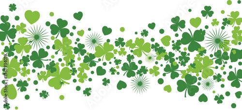 Green shamrocks hearts and circles scattered across white background clover 1