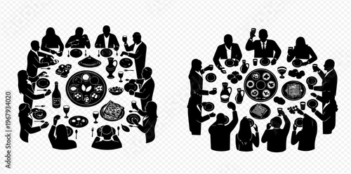 Silhouettes of People Dining at a Round Table with Food and Drinks, Celebrating and Socializing.