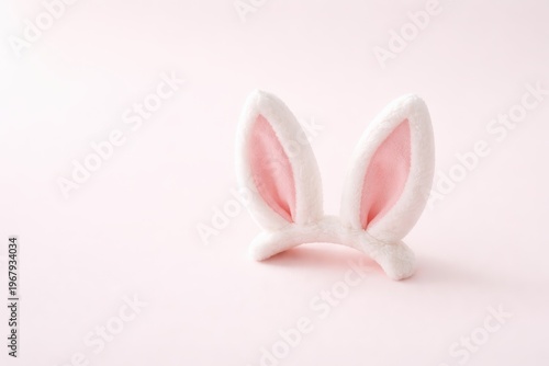 Soft bunny ear headband on pastel pink background for easter design and holiday decoration concept