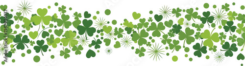 A vibrant spring nature background featuring a green grass vector illustration with floral leaf patterns, clover shamrocks for St Patrick's Day, and summer butterfly art in a decorative frame