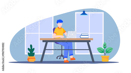 A young man with blue hair working on a laptop in a modern open office space with large windows and indoor plants