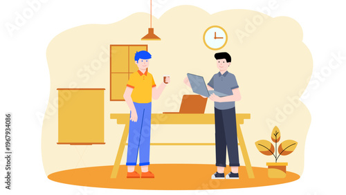 Two male employees standing and discussing work in a modern office interior with a desk and flipchart