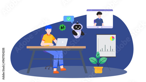 A flat design illustration of a person working on a laptop assisted by an AI chatbot and a virtual video call interface for customer support