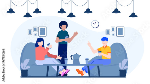 A flat design illustration of colleagues relaxing in an office break room sitting on bean bags and drinking coffee while chatting