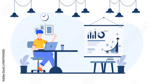 A flat design illustration of a businessman working at his desk with a laptop and a whiteboard displaying growth charts and financial data