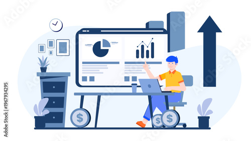 A professional businessman pointing at a digital screen showing a pie chart and bar graph with a large upward arrow