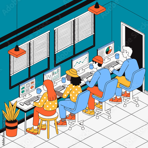 Four diverse colleagues collaborate on computers in a modern office setting with graphs and charts displayed on screens.