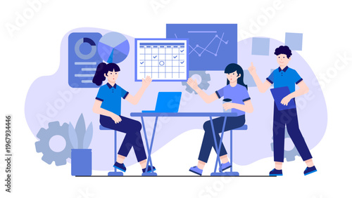 A team of three business people collaborating and discussing tasks around a shared desk with data visualizations