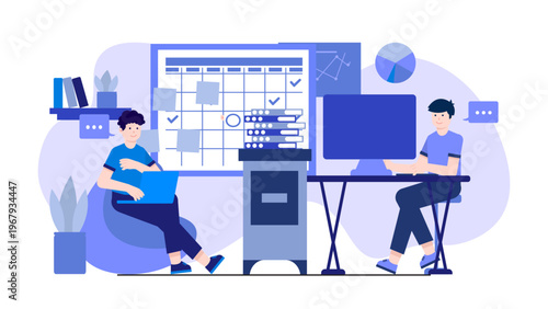 Two employees working in a modern blue-themed open office with a large calendar and digital charts in the background