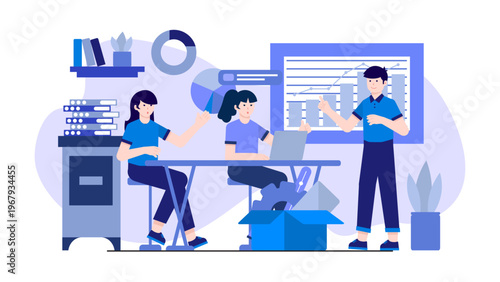 A group of employees working together in a minimalist blue office interior with a presentation chart and storage units