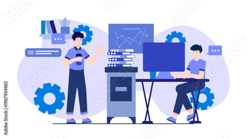 Two male characters working in a modern office environment with a computer desk and gears representing workflow