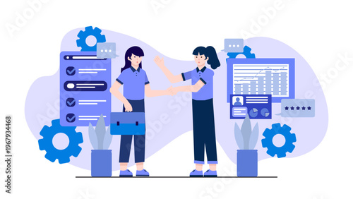 Two businesswomen shaking hands and negotiating a contract in front of data charts and checklists