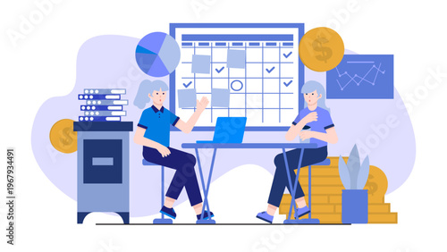 Two characters reviewing a large calendar and financial charts to plan for retirement and future savings