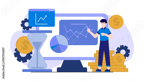 Investor monitoring market trends and managing a wealth portfolio with an hourglass representing time