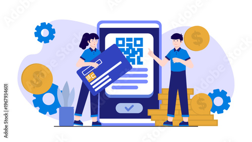 People making a secure mobile payment using a QR code scan and credit card on a large smartphone screen