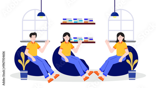 Employees enjoying a break and relaxing in a comfortable office lounge area with bean bags and bookshelves