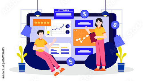 Marketing team discussing customer acquisition strategies with data analytics and feedback ratings on a large screen