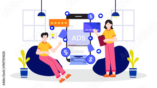 Business team analyzing advertising costs and planning budget allocation with digital media and payment icons