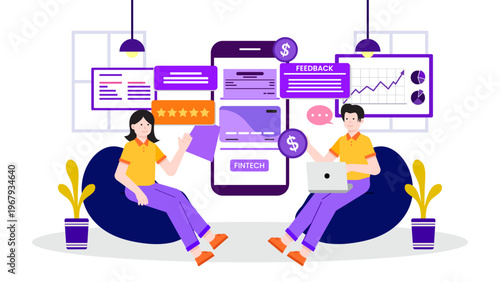 Two people sitting on bean bags managing digital financial services and fintech applications on a large smartphone screen