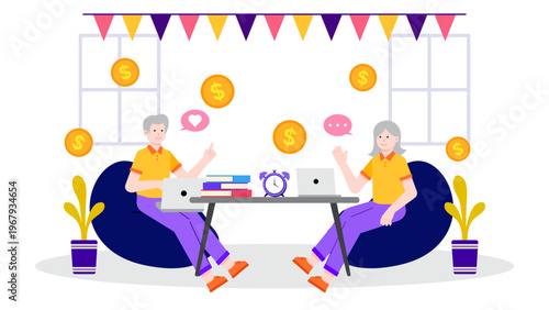 Senior business professionals sitting at a desk with laptops and clocks discussing their long term retirement plan