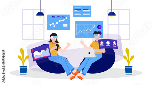 Characters wearing VR headsets exploring virtual reality business opportunities and digital metaverse data