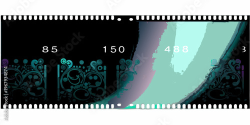 Film strip with ornate designs and numeric markings in teal and purple