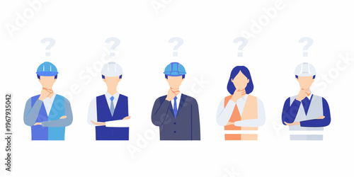 Diverse group of engineers pondering questions above their heads