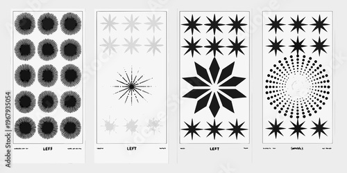 Four panels displaying abstract starburst and dotted patterns in black
