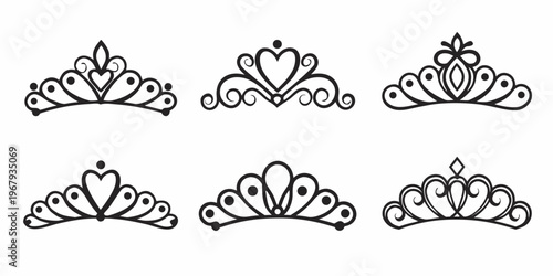 Collection of ornate black and white crown and heart shaped designs
