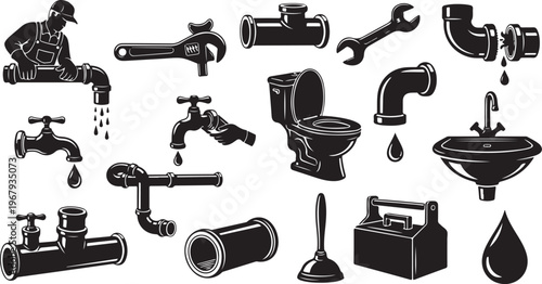Plumbing tools and fixtures in black and white illustration
