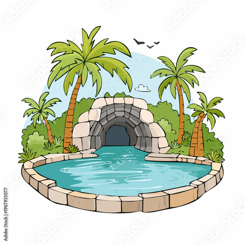 Cartoon illustration of a tropical oasis with a cave entrance and palm trees surrounding a pool of water.