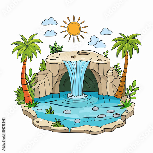 Cartoon illustration of a tropical waterfall oasis with palm trees and a bright sun.
