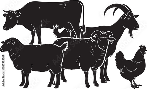 Black silhouettes of farm animals on white background illustration