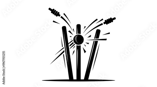 "Cricket Wicket Hit Vector Illustration, Ball Strikes Stumps, Flying Bails, Dynamic Motion Lines, Bold Black Design, Sports Symbol, Artistic Graphic, Game Moment, Athletic Event"