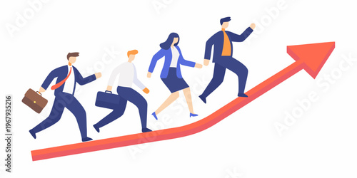 Business professionals running up a red arrow symbolizing growth and success