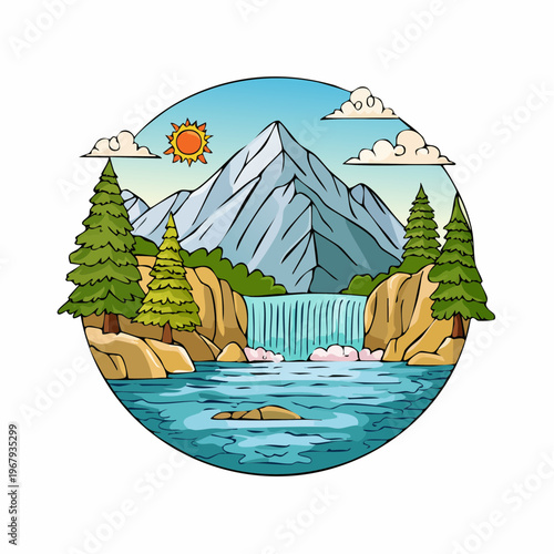 Vibrant cartoon illustration of a serene mountain landscape with a waterfall cascading into a clear blue lake, surrounded by pine trees and fluffy clouds under a bright sun.