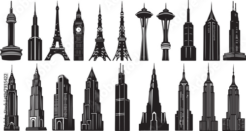 City skylines and famous landmarks in black and white