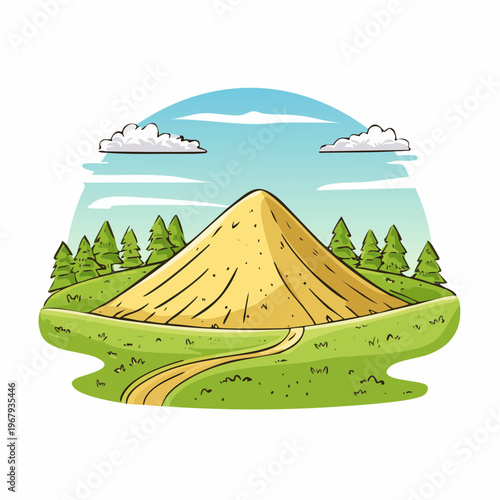 A stylized illustration of a large sand dune with a path leading towards it, surrounded by green grass and pine trees under a blue sky with clouds.