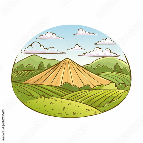 Stylized illustration of a vibrant green agricultural landscape with rolling hills and a large conical haystack under a blue sky with clouds.