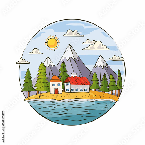 Idyllic landscape with mountains, trees, houses, and a body of water under a sunny sky.