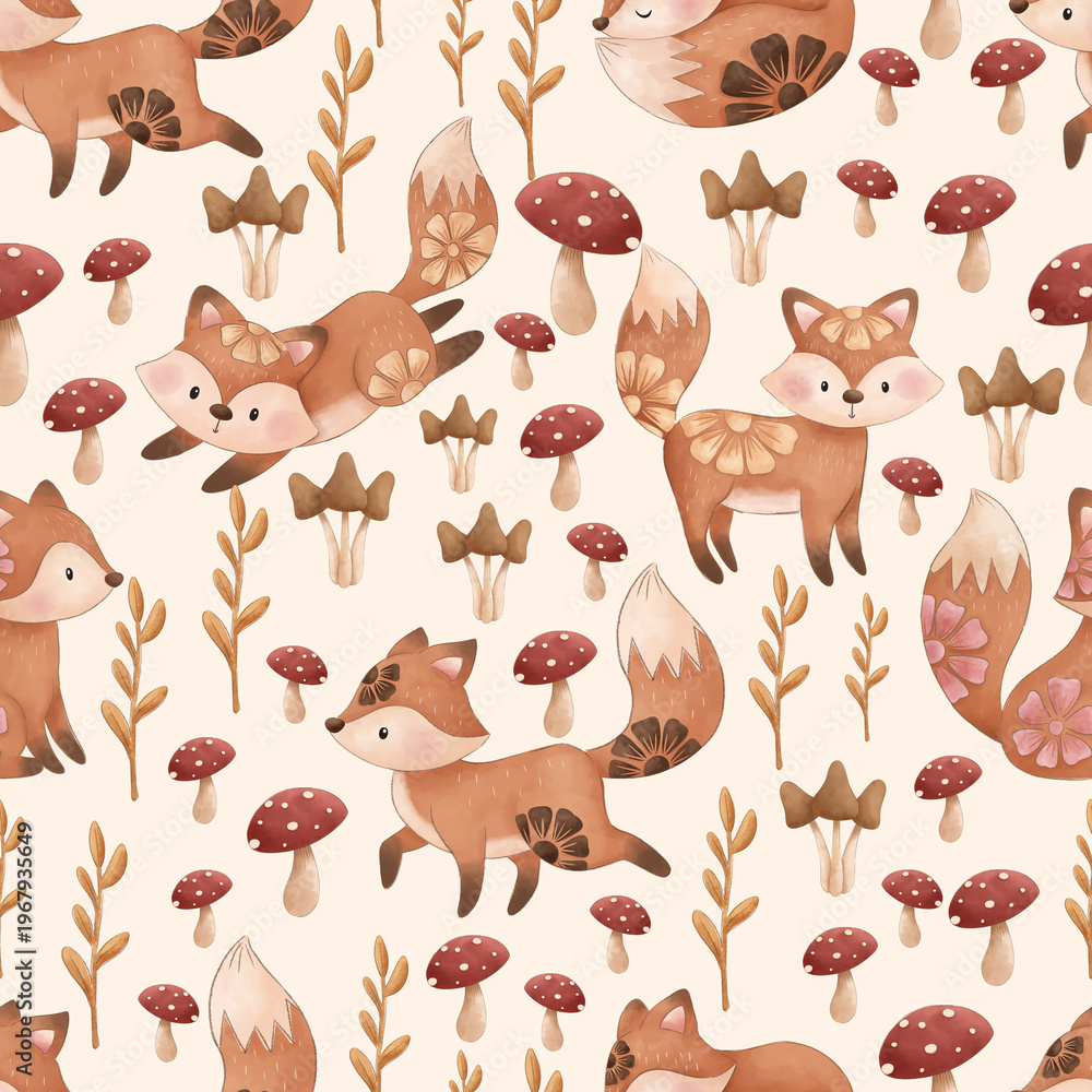 Obraz premium Cute woodland seamless pattern featuring fox, mushrooms, and autumn leaves. Perfect for kids fabric, nursery decor, wallpaper, and surface pattern design projects.