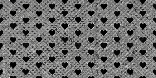 A grayscale pattern of interwoven hearts and diamond shapes