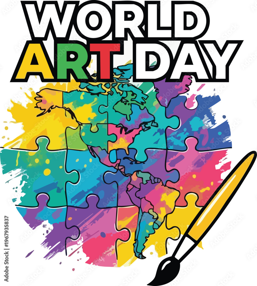 Obraz premium World art day celebration design with colorful puzzle map of the americas and a paintbrush