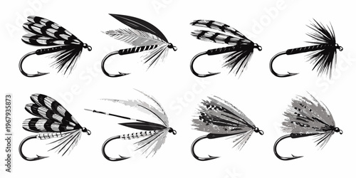 A collection of detailed grayscale illustrations of various fishing flies