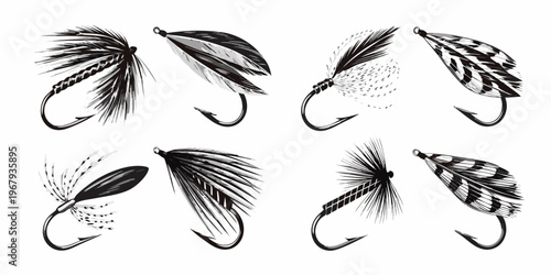 A collection of intricately designed fishing flies displayed in black and white