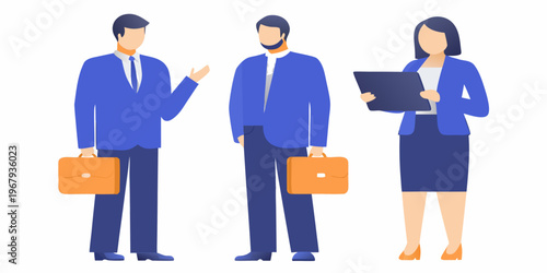 Three business professionals in suits discussing work and holding briefcases