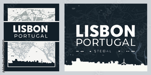 Lisbon Portugal Modern graphic design featuring city maps and skyline