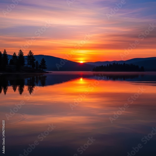 Sunset over a lake with trees and mountains